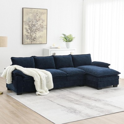 118"W Modern L-Shaped Chenille Cloud Sofa with Double Seat Cushions, 5-Seat Upholstered Sofa Couch with Chaise Lounge - HABITRIO
