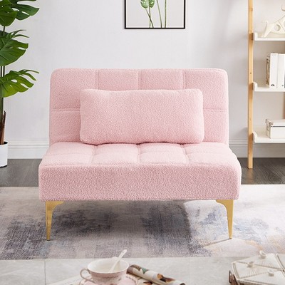 Convertible Futon Sofa Bed Modern Teddy Fabric Loveseat Sleeper Couch With Adjustable Backrest Metal Legs For Small Spaces Living Room Pink
