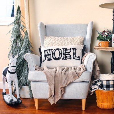 22" White and Black Embroidered Noel Christmas Pillow