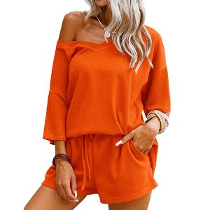 Ekouaer Womens 2 Piece Short Sleeve Waffle Knit V Neck Off Shoulder Casual Loose Fit Sweatsuit Outfits - 1 of 4