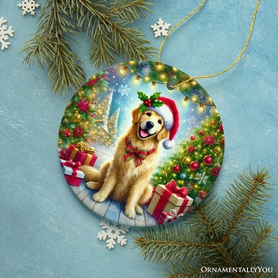 Heart-Shaped Festive Golden Retriever Porcelain Ornament