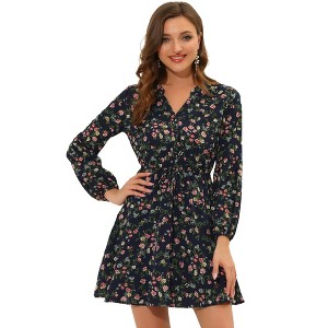 Allegra K Women's Floral Print Button Front Puff Sleeve Tie Waist Shirt Dress - 1 of 4