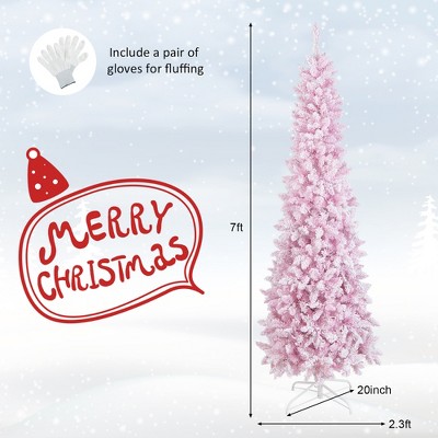 7ft Pink Snow Flocked Pre-Lit Pencil Christmas Tree with LED Lights