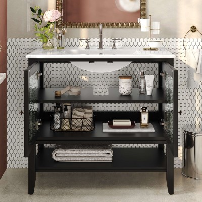 ORRD 36" Gray Bathroom Vanity with Ceramic Sink, Adjustable & Open Shelf, Soft-Close Doors, Solid Wood Legs