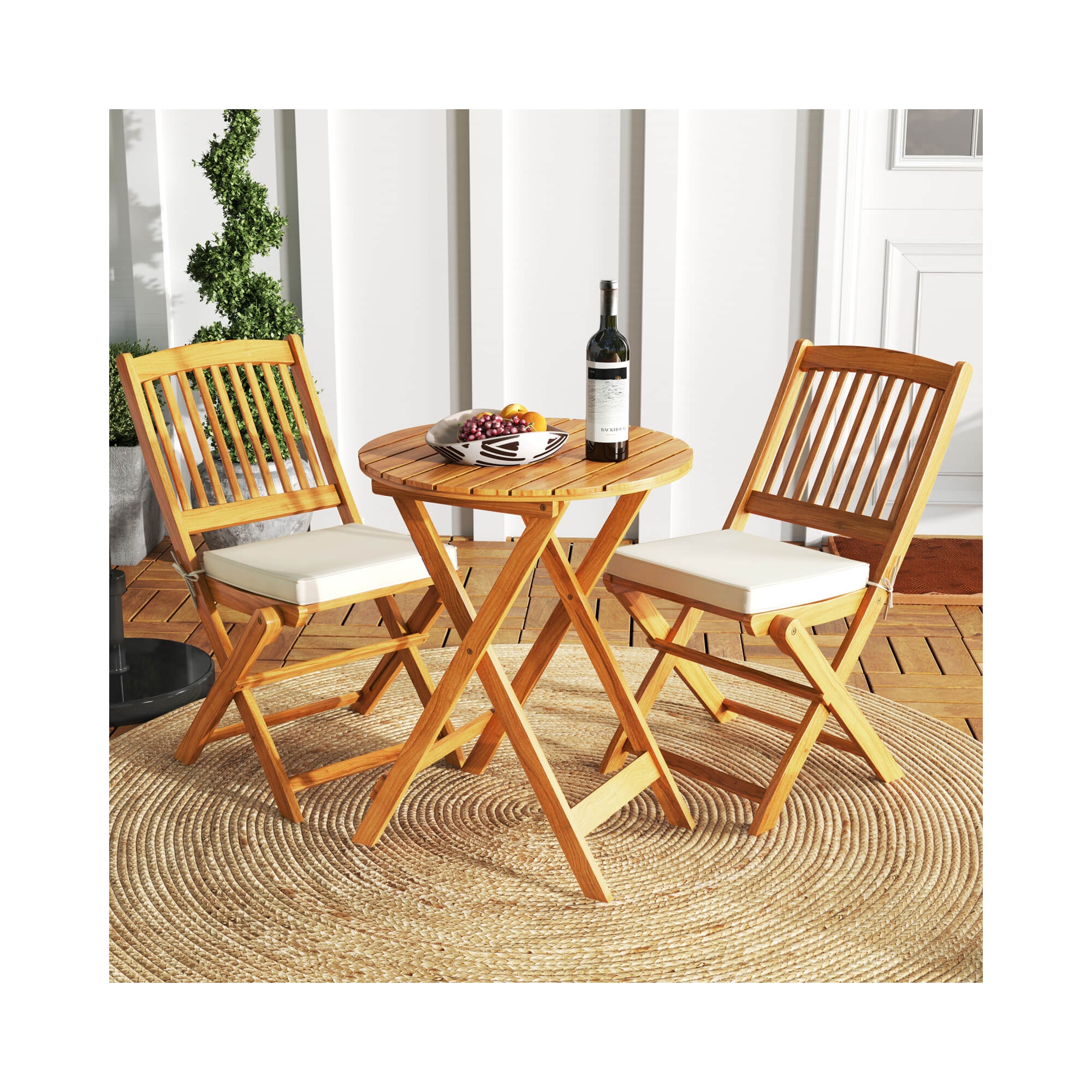 Costway 3 PCS Acacia Wood Patio Bistro Set Folding Table & Chairs Set with Cushions Beige