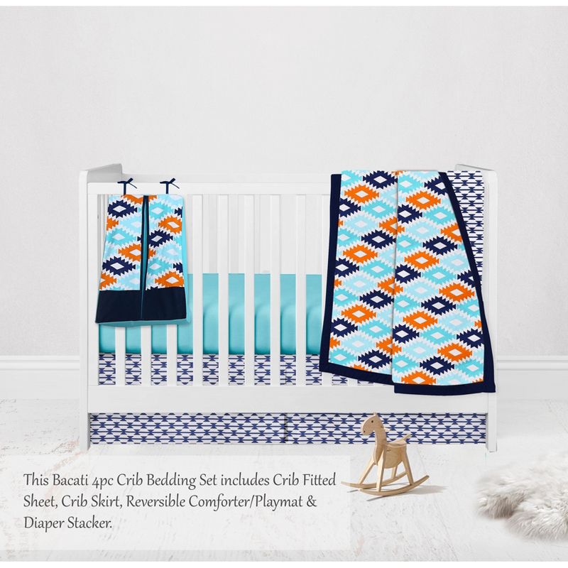 Bacati - Aztec Print Liam Aqua Orange Navy 4 pc Crib Bedding Set with Diaper Caddy, 3 of 9