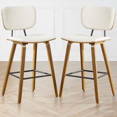 Bekrvio 26" Counter Height Bar Stools - PU Leather Upholstered with Backs, Bent Wood Legs, Mid Century Modern Counter Stools for Kitchen Island