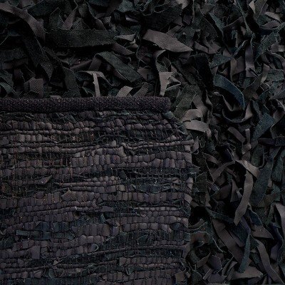 Luxurious Black Leather Hand-Knotted Shag Rug, 3' x 5'