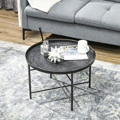 SYFERLORY 24" Round Coffee Table with Hammered Tray Top, Vintage Metal Center Table for Living Room, Bedroom, Side Table, Pewter
