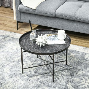 SYFERLORY 24" Round Coffee Table with Hammered Tray Top, Vintage Metal Center Table for Living Room, Bedroom, Side Table, Pewter - 1 of 4