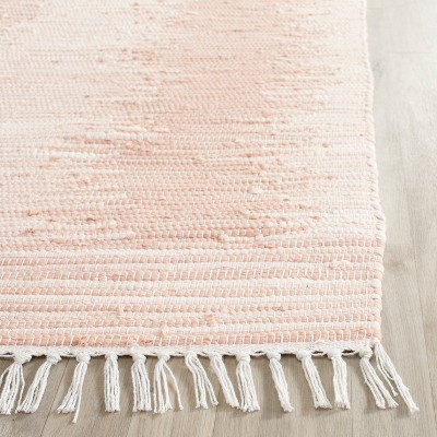 Beige and White Handwoven Cotton Runner Rug with Fringe