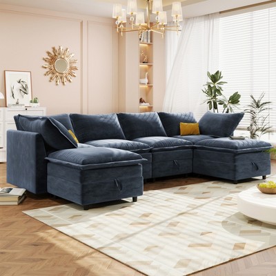 126" Modular U-Shaped Sectional Sofa with Storage Seat, Faux Double-Layer Cushions, 6-Piece Free combination Sofa Bed