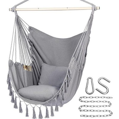 SweDrea Light Grey Large Macrame Hanging Chair with Pocket for Superior Comfort