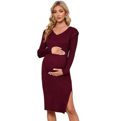 Women's Maternity V Neck Sweater Dress Rib Knit Long Sleeve Bodycon Side Slit Midi Dress Fall Photoshoot Baby Shower