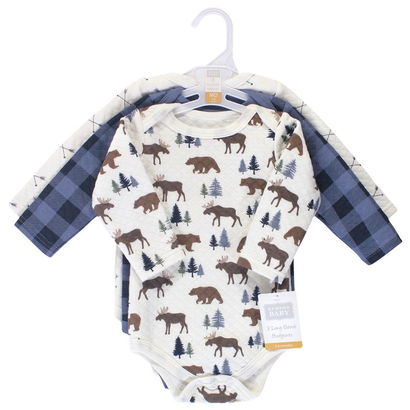 Hudson Baby Infant Boy Quilted Long-Sleeve Cotton Bodysuits 3pk, Moose Bear, 3 of 4