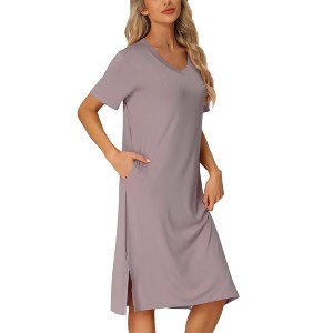 cheibear Women's Casual V-neck Short Sleeve T-shirt Dress Nightshirt Basic Midi Shirtdress - 1 of 4
