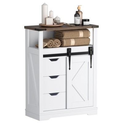 Bathroom Floor Cabinet, Bathroom Cabinet Storage with Sliding Barn Door and 3 Drawers, Small Storage Cabinet with Adjustable Shelves