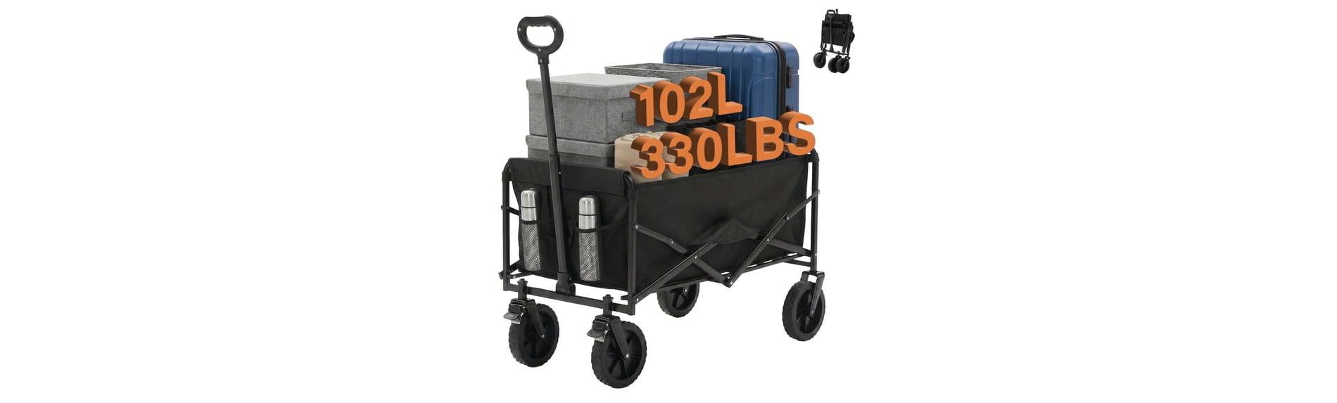 JIONJOY 330LBS Heavy Duty Folding Wagon, 102L Collapsible Beach Cart with Brake Wheels for Camping Shopping
