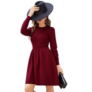 Women Long Sleeve Knitted Crewneck High Waist A-Line Cute Mini Sweater Dress - 1 of 4