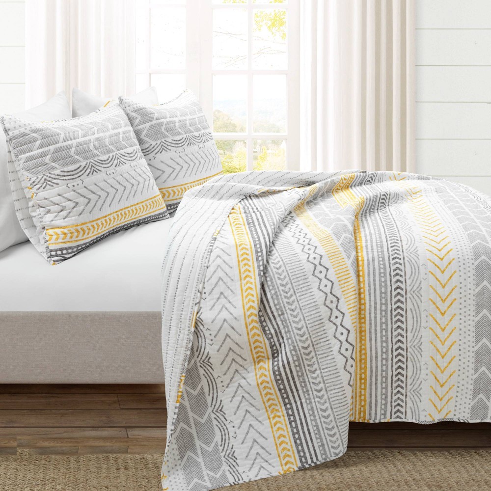 Photos - Bed Linen Lush Décor 3pc Full/Queen Hygge Geo Reversible Quilt & Sham Set Yellow/Gray: Machine Washable, OEKO-TEX Certified