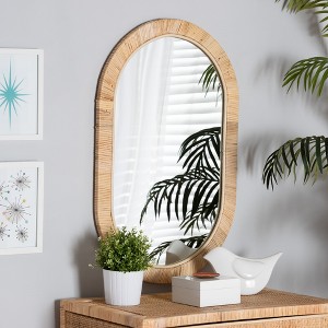 bali & pari Bella Modern Bohemian Natural Brown Mahognay Wood and Natural Rattan Oval Mirror - 1 of 4