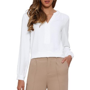 INSPIRE CHIC Women's Long Lantern Sleeve V Neck Button Front Dressy Top - 1 of 4