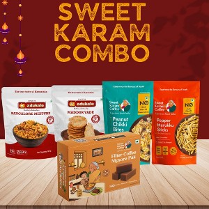 Shastha Sweet Karam Coffee Combo C - Adukale Maddur Vade ,  Bangalore Mixture , Chikki Bar , Pepper Murukku , Filter Coffee Mysore Pak - Pack of 5 - 1 of 4
