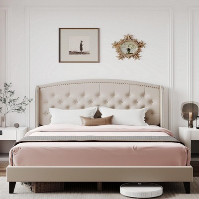 Bed Frame with Button Tufted Wingback Headboard