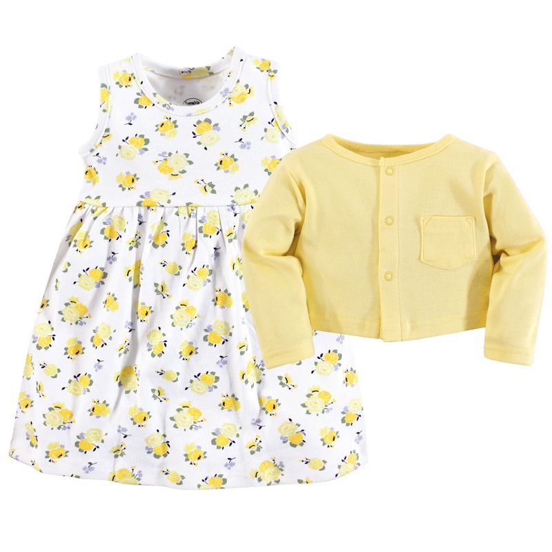Luvable Friends Baby and Toddler Girl Dress and Cardigan 2pc Set, Yellow Floral, 3 of 4