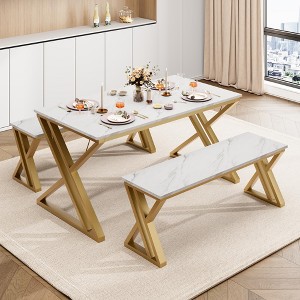 3-Piece Kitchen Dining Set with 2 Benches, X-Shaped Metal Frame Space-Saving Table for Small Kitchen Apartment Studio - 1 of 4