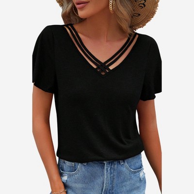 Amaryllis Women’s Crisscross Strap Detail Knit Tee Short Sleeve Relaxed Fit Lightweight