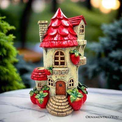Solar Powered Red and Beige Resin Fairy Cottage Statue, 10"