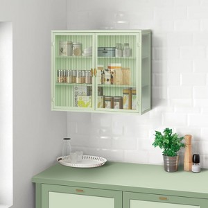 Vynxaria 27.56" Mint Green Glass Doors Modern Two-Door Wall Cabinet with Three-Tier Storage for Entryway, Living Room, and Bathroom - 1 of 4