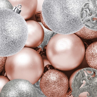 Rose Gold and Silver Shatterproof Christmas Ornament Set with Metal Hooks