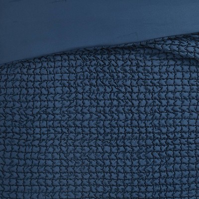 Full Blue Microfiber Textured Puff Bedspread Set