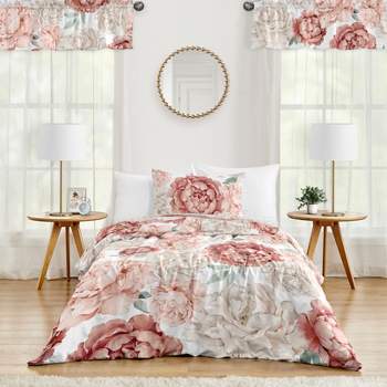 Sweet Jojo Designs Kids' Twin Comforter Bedding Set Peony Floral Garden Pink and Ivory 4pc