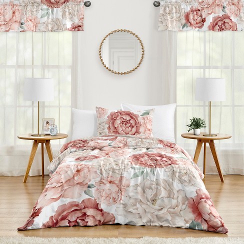 Sweet Jojo Designs Kids' Twin Comforter Bedding Set Peony Floral Garden  Pink and Ivory 4pc