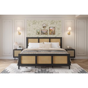 Rattan Bed Frame with Headboard, Black Boho Cane Platform Bed Frame with Strong Metal Slat - 1 of 4