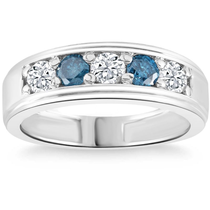 Pompeii3 1 Ct T.W. Blue & White Diamond Mens Wedding Ring 5-Stone Anniversary White Gold, 1 of 6