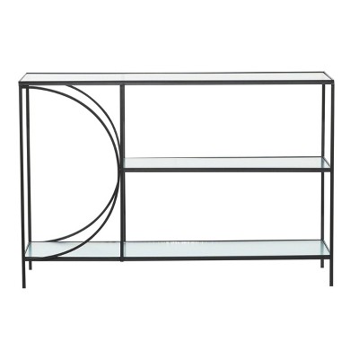 Black Metal and Glass Industrial Console Table with Storage Shelves