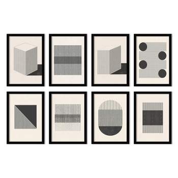 Mid Century Woven Lines by Roseanne Kenny - mid century Neutral 8 Piece Black Framed Art Set - Americanflat