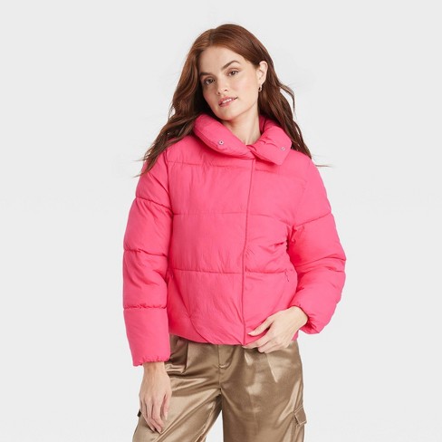 Women s Short Relaxed Puffer Jacket A New Day Pink M Target