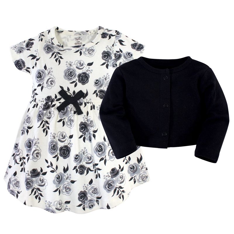 Touched by Nature Baby and Toddler Girl Organic Cotton Dress and Cardigan 2pc Set, Black Floral, 3 of 6