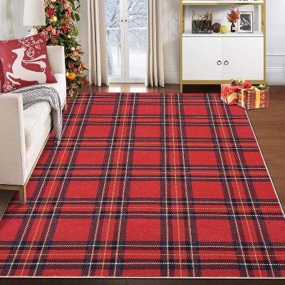 8x10 Christmas Buffalo Plaid Area Rug, Machine Washable, Non-Slip, Stain-Resistant, Holiday Gingham Floor Cover Accent Rug, Red