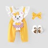 PATPAT Baby Girl Cute Bear Romper Set with Headband, Yellow Ruffled Sleeve Jumpsuits - 2 of 4