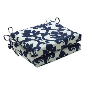 Damask 2pc Outdoor Square Seat Cushion Set Blue/White - Pillow Perfect - 1 of 4