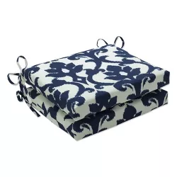Damask 2pc Outdoor Square Seat Cushion Set Blue/White - Pillow Perfect