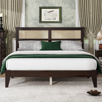 Platform Bed King Frame With Rattan Headboard, Platform Bed Storage With 2 Drawers, Wood Bed With Enhanced Support Salts And Feet-Cuddlewood