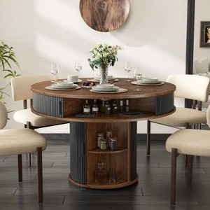 47" Round Dining Table for 4, Circle Dining Table with Storage Shelf & Wood Slide Door, Walnut - 1 of 4