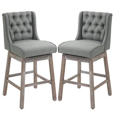 Gray Swivel Bar Stools with Wood Footrests, Set of 2